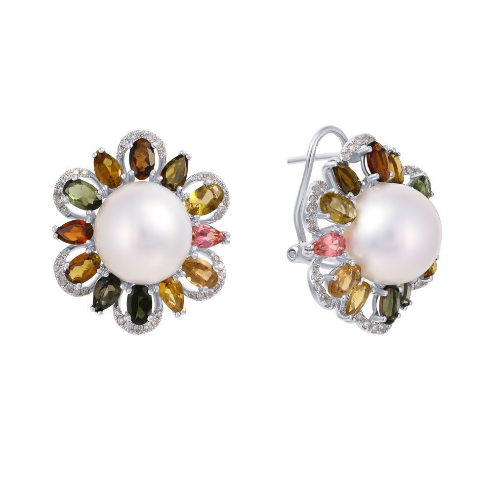 Серьги из белого золота 750 пробы с жемчугом к. морским, бриллиантами и турмалинами