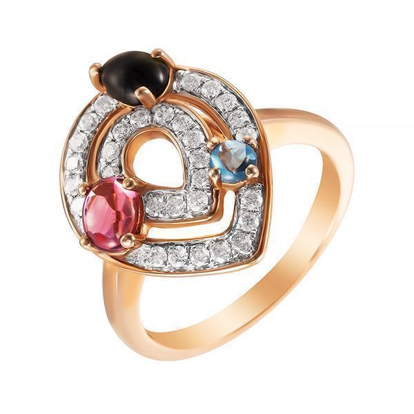 Кольцо из розового золота 585 пробы с турмалинами, бриллиантами и топазом