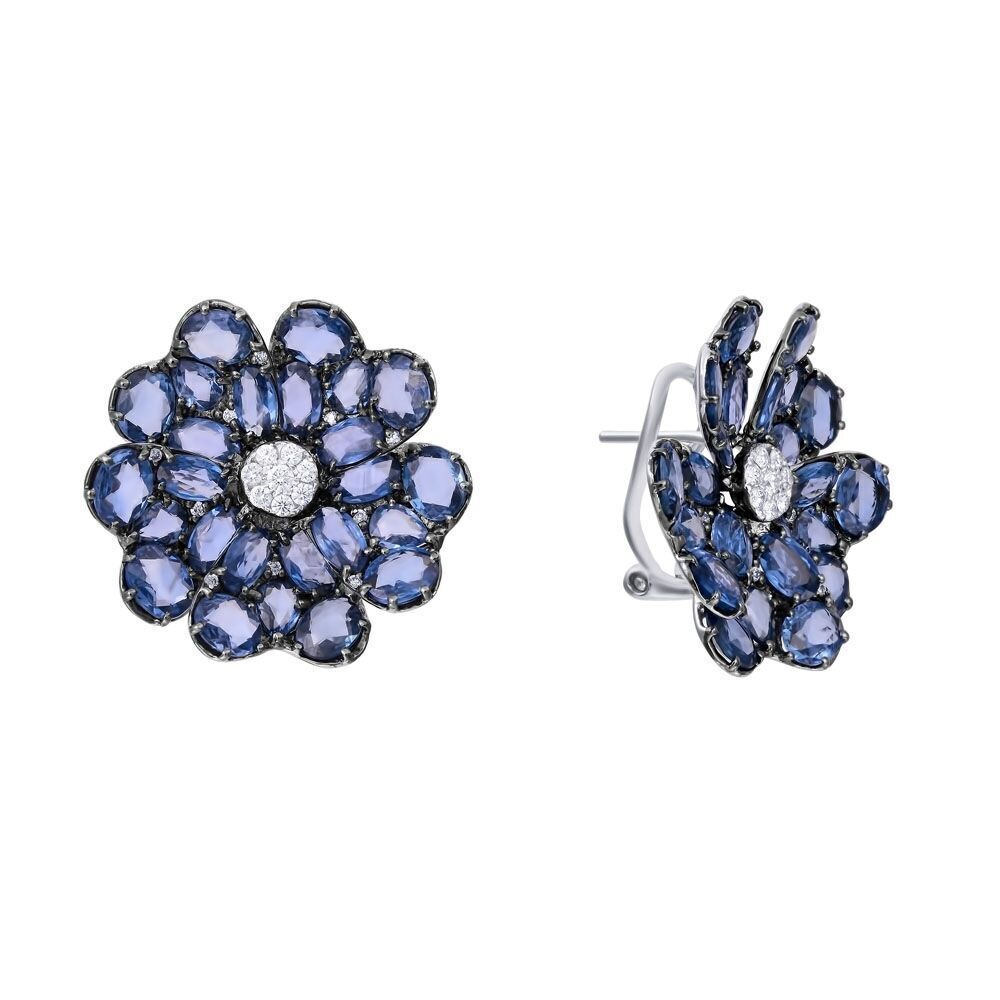 Серьги из белого золота 750 пробы с бриллиантами и сапфирами