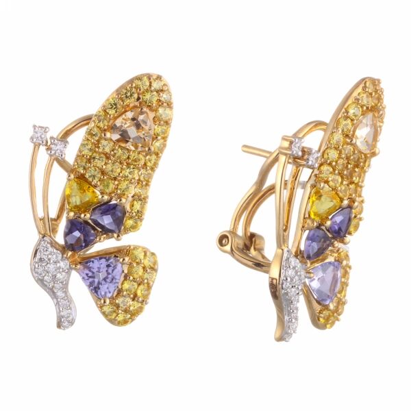 Серьги из золота 585 пробы с бриллиантами, танзанитами, сапфирами, иолитами и цитринами