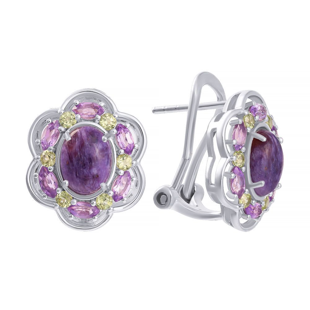 Серьги из серебра 925 пробы с чароитами, аметистами и перидотами