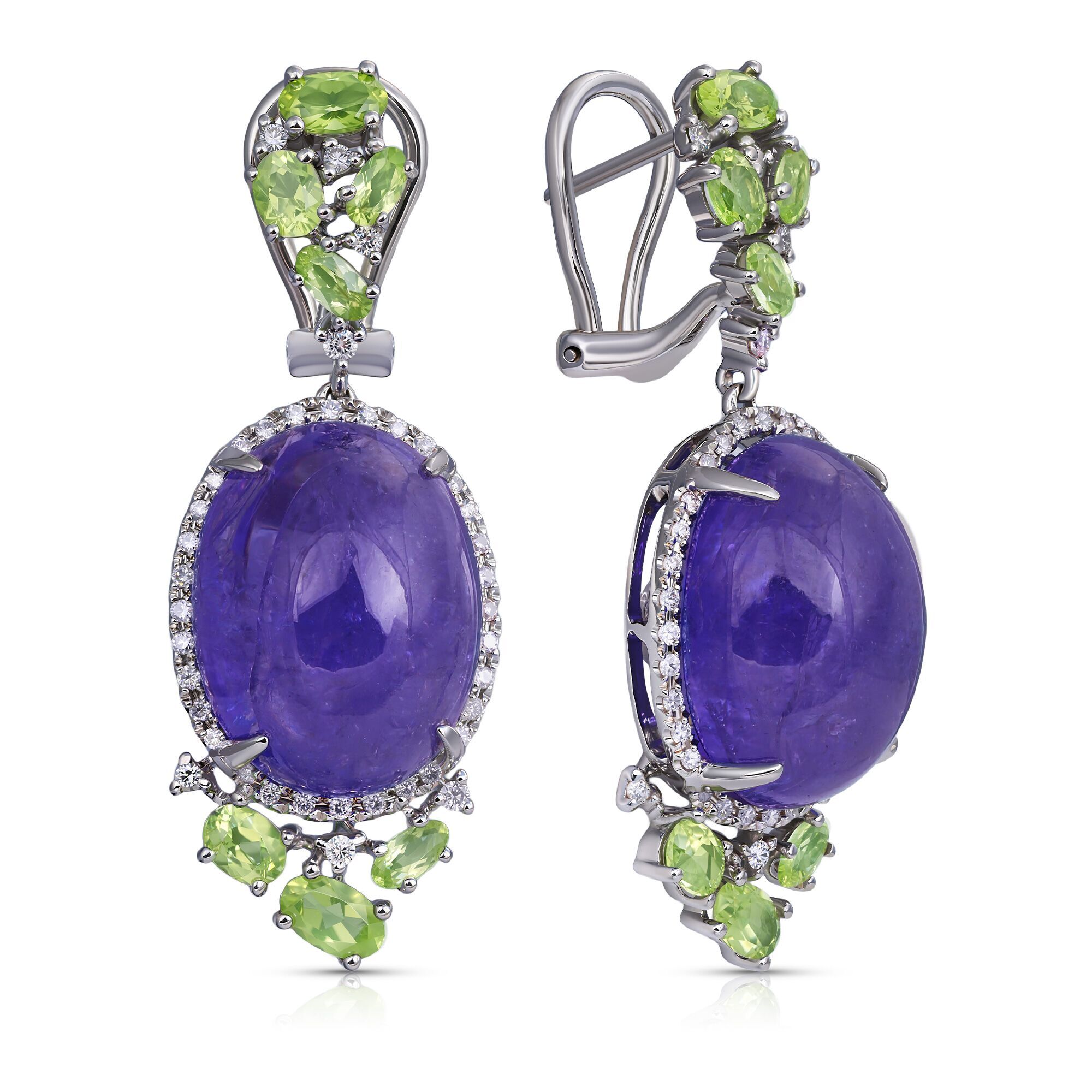 Серьги из белого золота 585 пробы с танзанитами, бриллиантами и перидотами