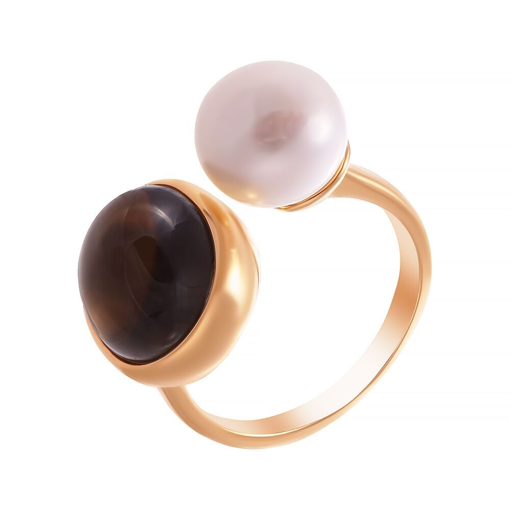 Кольцо из серебра 925 пробы с раухтопазами и барочным жемчугом