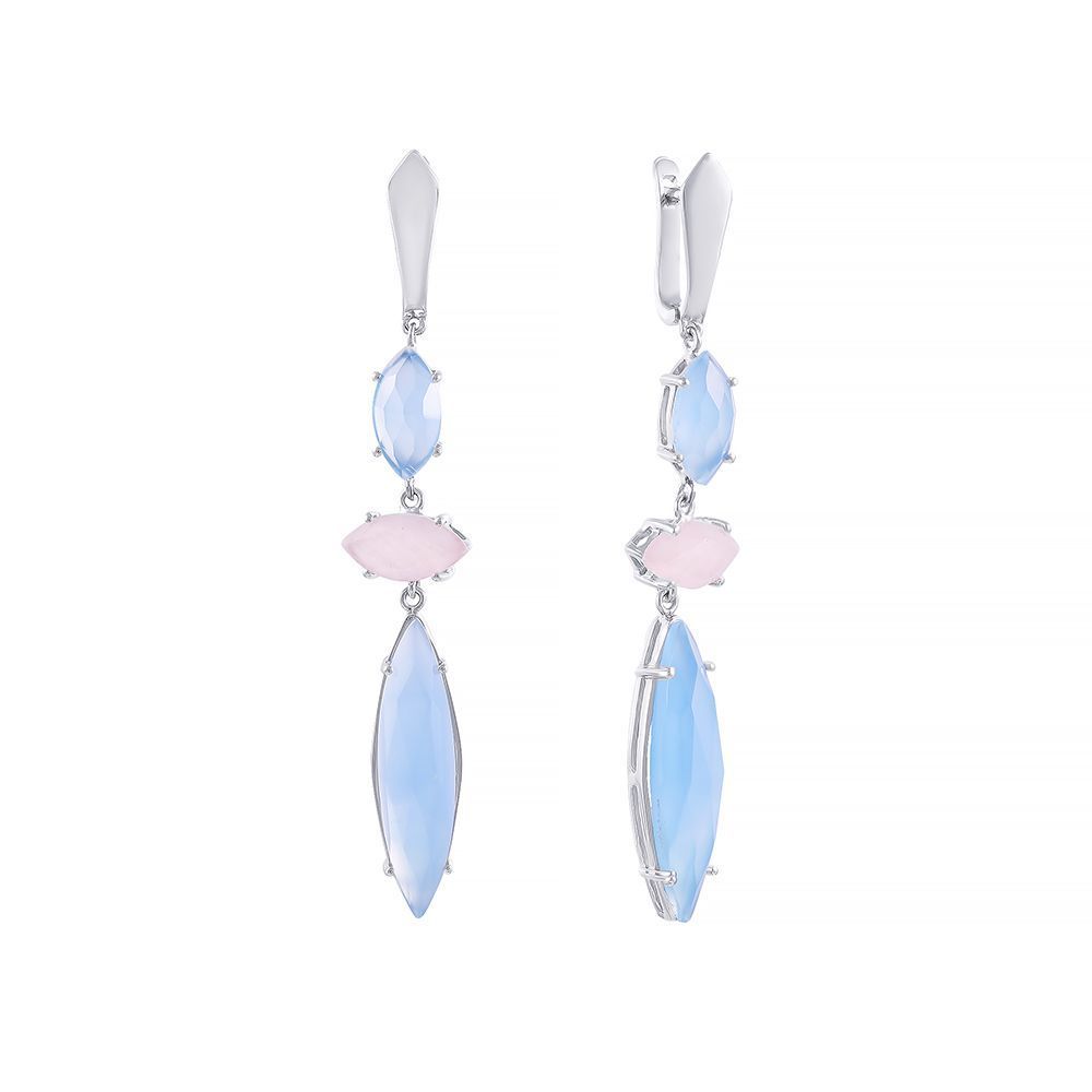 Серьги из серебра 925 пробы с халцедонами и кварцем