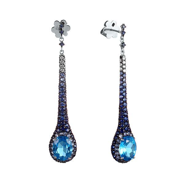 Серьги из белого золота 585 пробы с бриллиантами, сапфирами и топазами