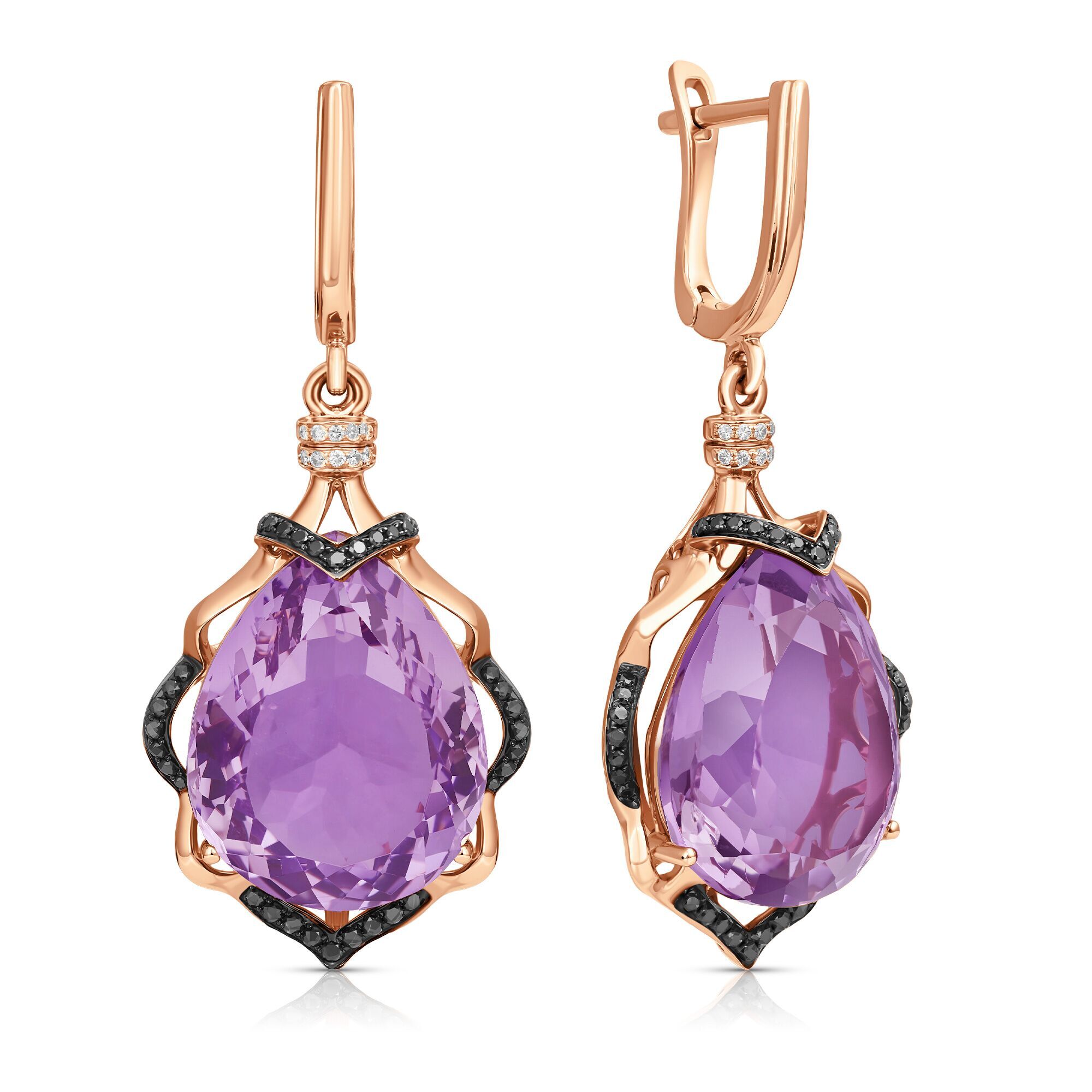 Серьги из розового золота 585 пробы с аметистами, бриллиантами и бриллиантами облагороженными