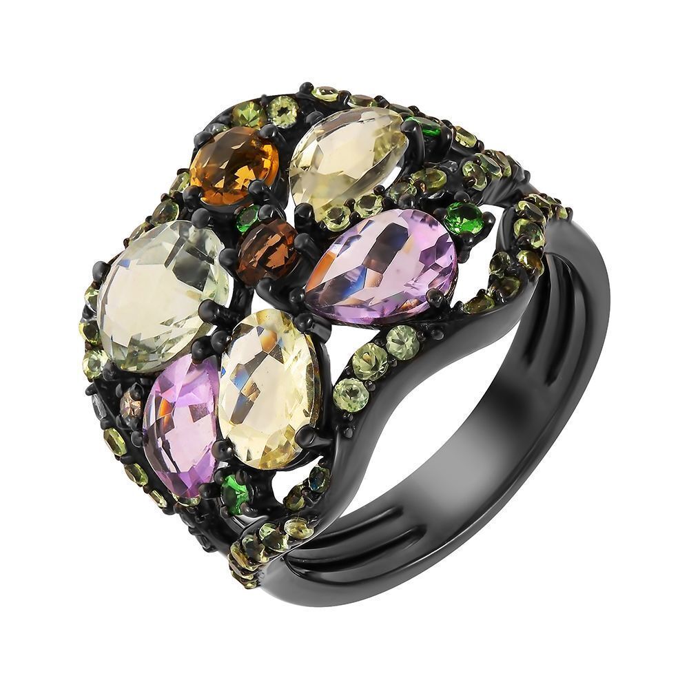 Кольцо из черного золота 585 пробы с цветными полудрагоценными камнями и бриллиантом (18)