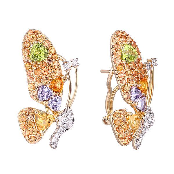 Серьги из золота 585 пробы с перидотами, бриллиантами, сапфирами, танзанитами и цитринами