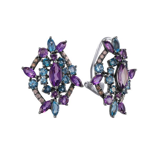 Серьги из белого золота 585 пробы с цветными полудрагоценными камнями и бриллиантами