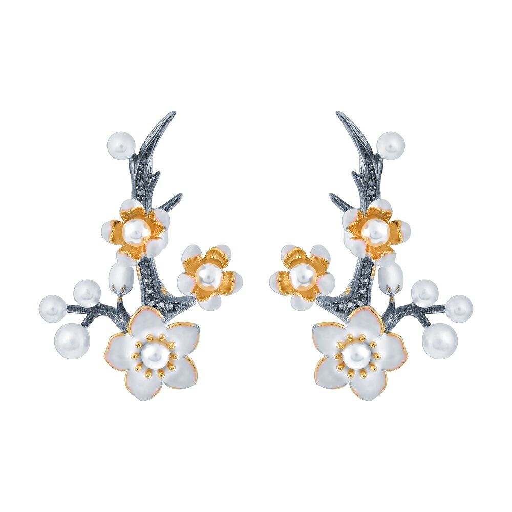 Серьги из серебра 925 пробы с культивированным жемчугом, фианитами, перидотами и эмалью