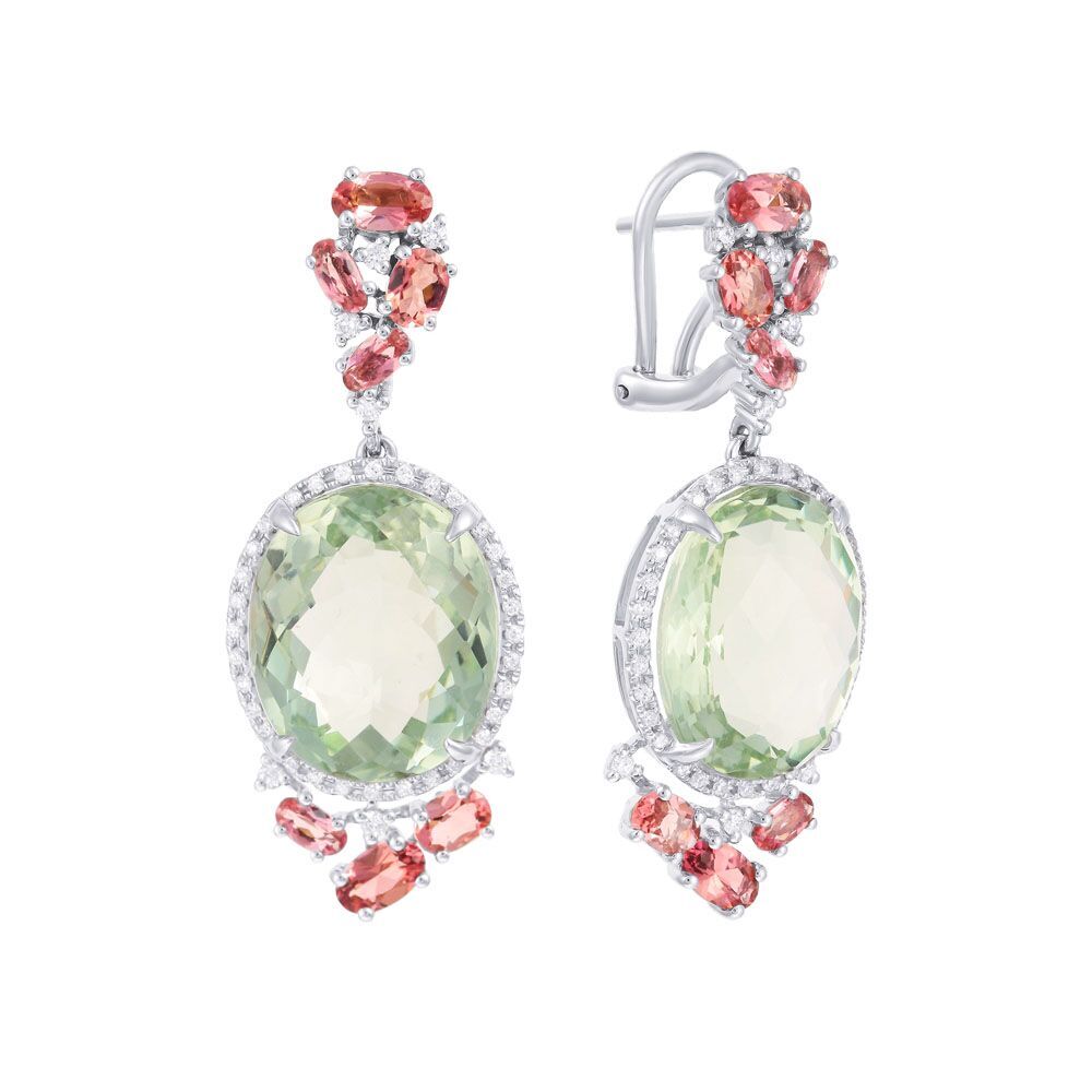 Серьги из белого золота 585 пробы с празиолитами, бриллиантами и турмалинами