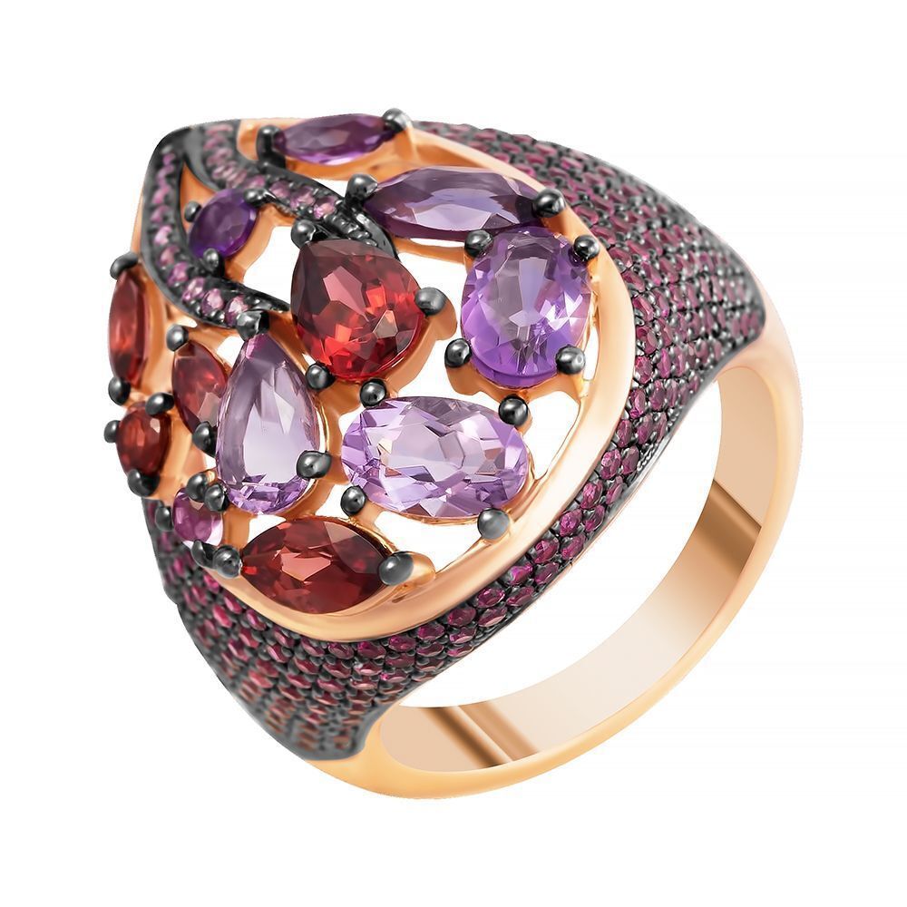 Кольцо из розового золота 585 пробы с цветными полудрагоценными камнями, рубинами и сапфирами (16,75)