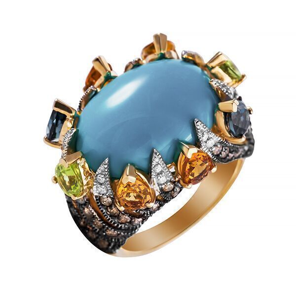 Кольцо из золота 585 пробы с бирюзой, бриллиантами и цветными полудрагоценными камнями