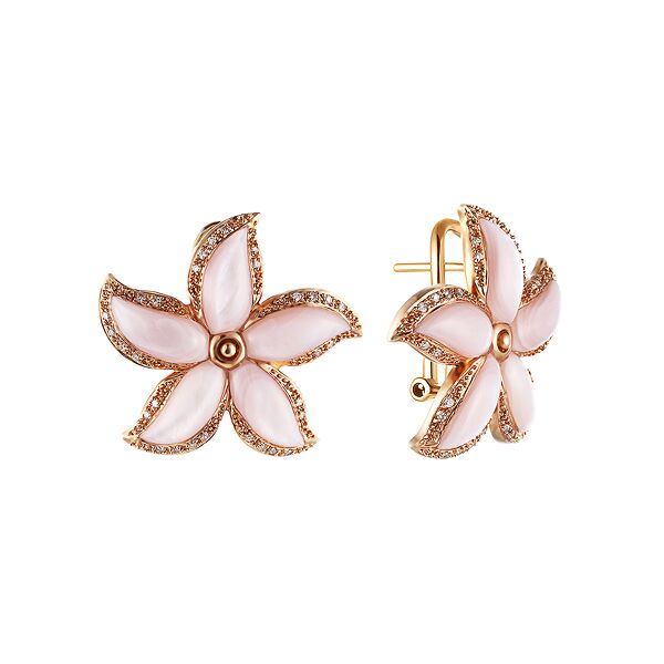 Серьги из розового золота 585 пробы с бриллиантами и перламутром