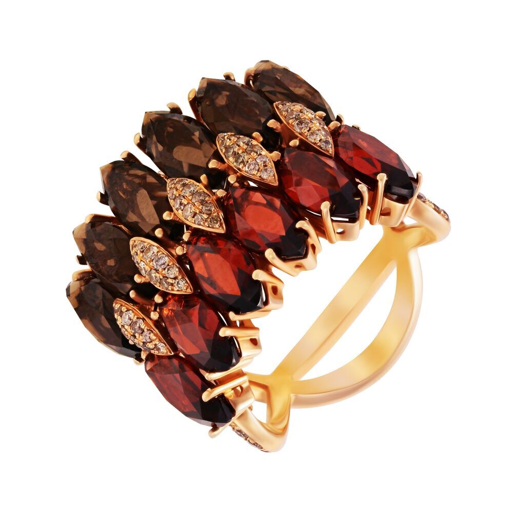 Кольцо из розового золота 585 пробы с гранатами, бриллиантами и раухтопазами (17,5)