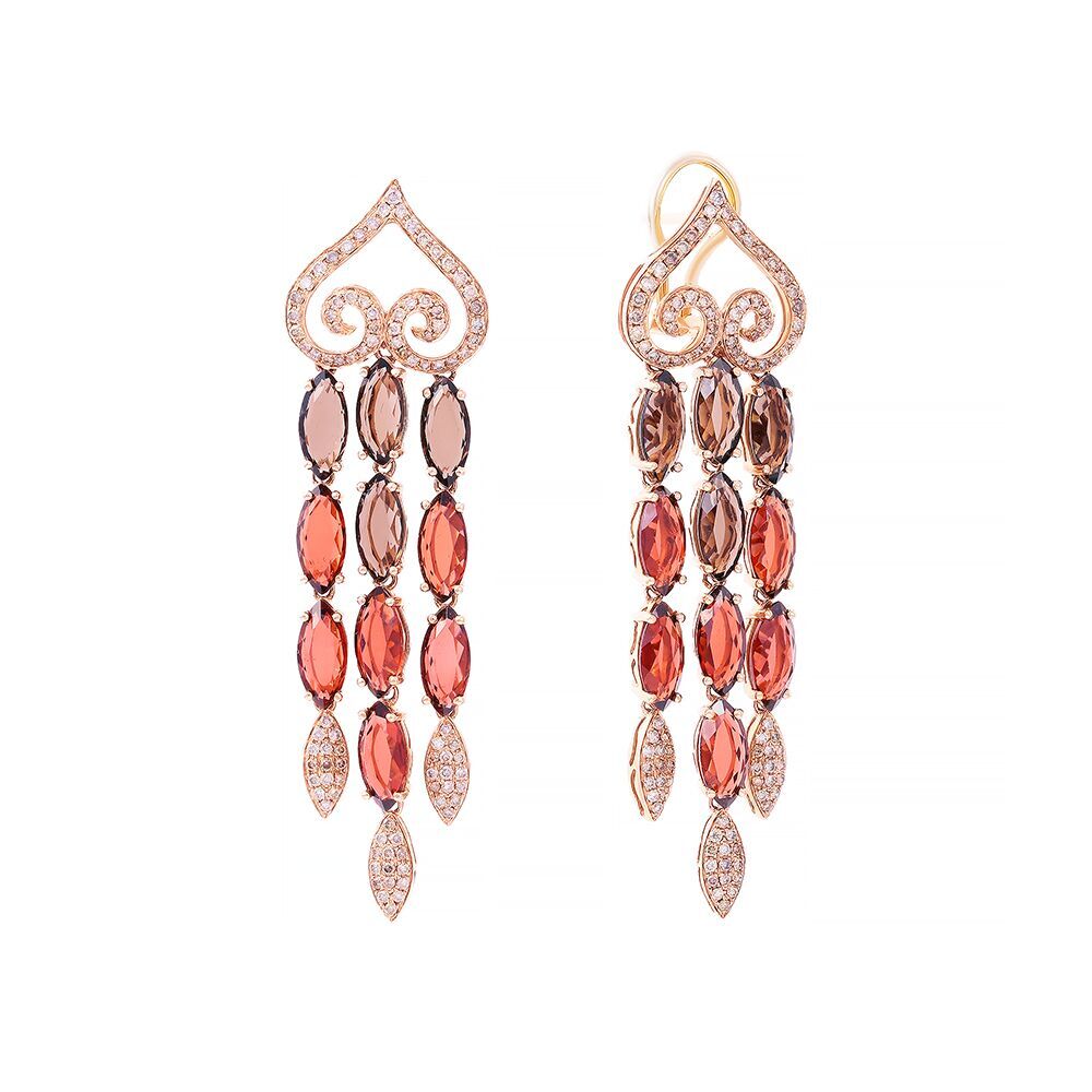 Серьги из розового золота 585 пробы с гранатами, бриллиантами и раухтопазами