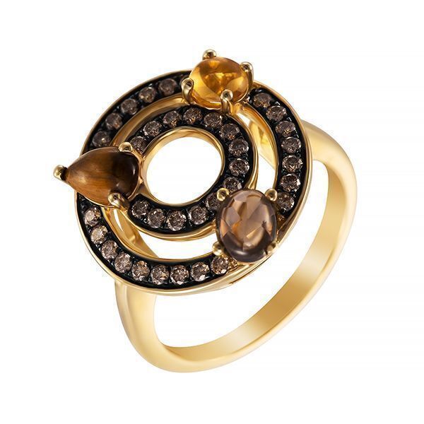 Кольцо из золота 585 пробы с бриллиантами, цитрином, раухтопазом и тигровым глазом