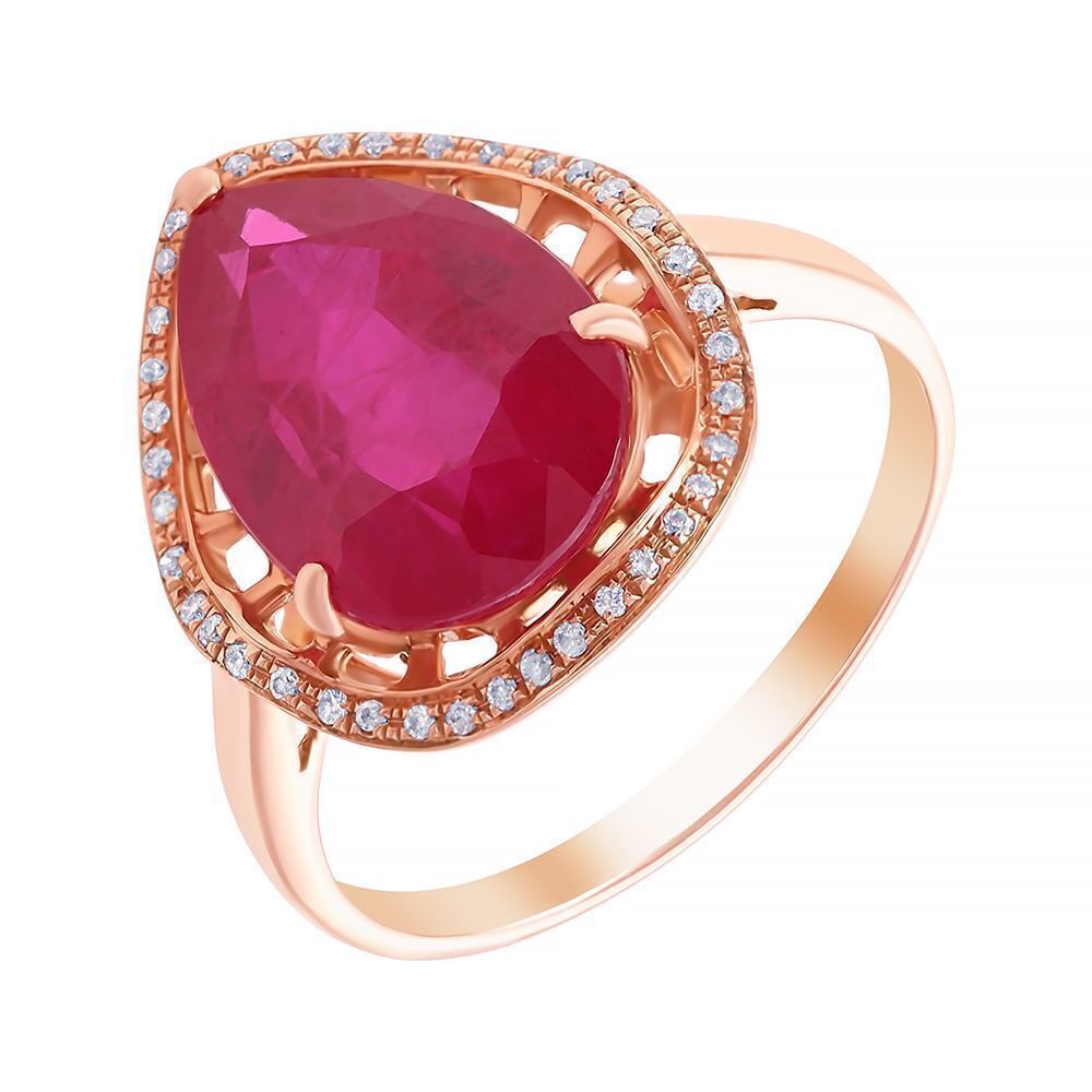Кольцо из розового золота 585 пробы с рубином выращенным и бриллиантами (16,75)
