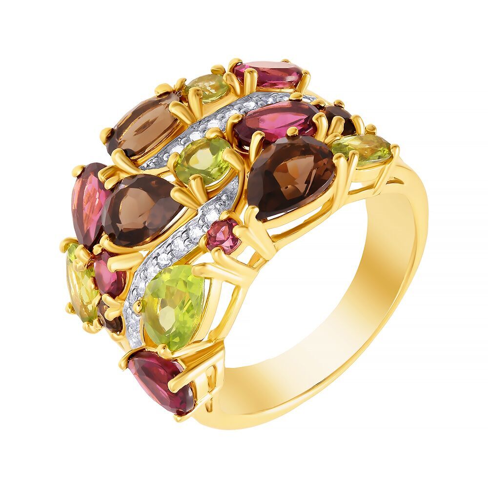 Кольцо из серебра 925 пробы с перидотами, раухтопазами и родолитами (17)