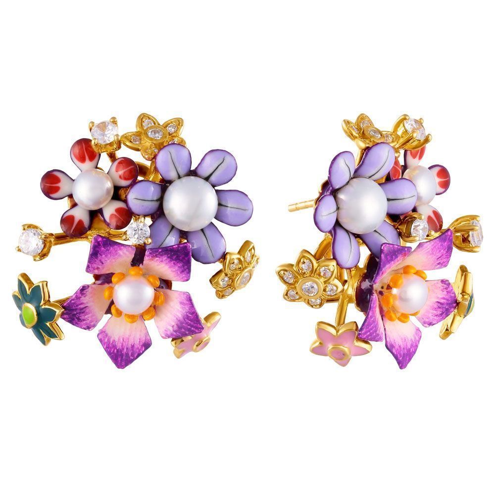 Серьги из серебра 925 пробы с культивированным жемчугом, фианитами и эмалью