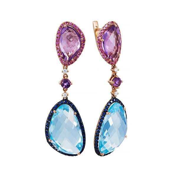 Серьги из розового золота 585 пробы с цветными полудрагоценными камнями, бриллиантами и сапфирами