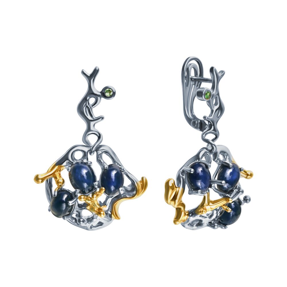 Серьги из серебра 925 пробы с сапфирами звездчатыми и цаворитами
