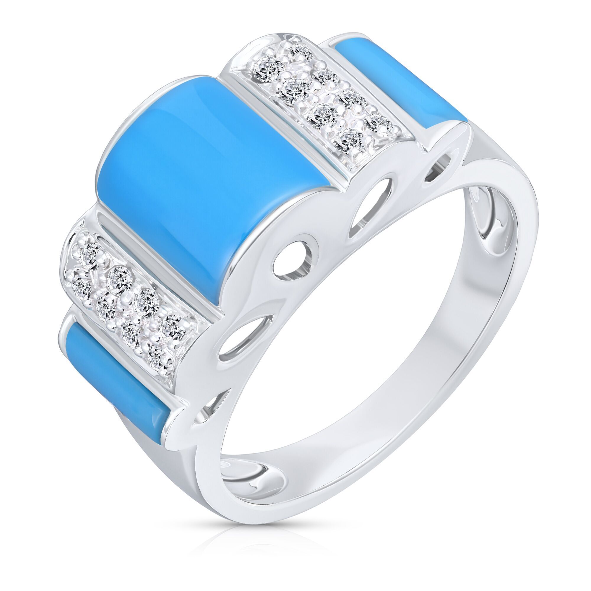 Кольцо из белого золота 585 пробы с бирюзой искусственной и бриллиантами (16,5)