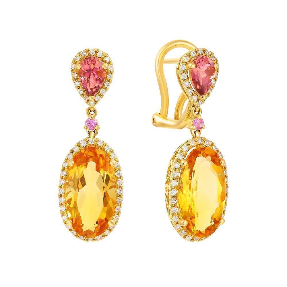 Серьги из золота 585 пробы с бриллиантами, сапфирами, турмалинами и цитринами