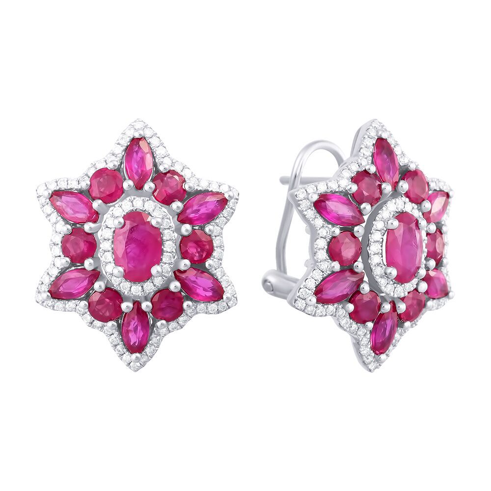 Серьги из белого золота 585 пробы с рубинами облагороженными и бриллиантами