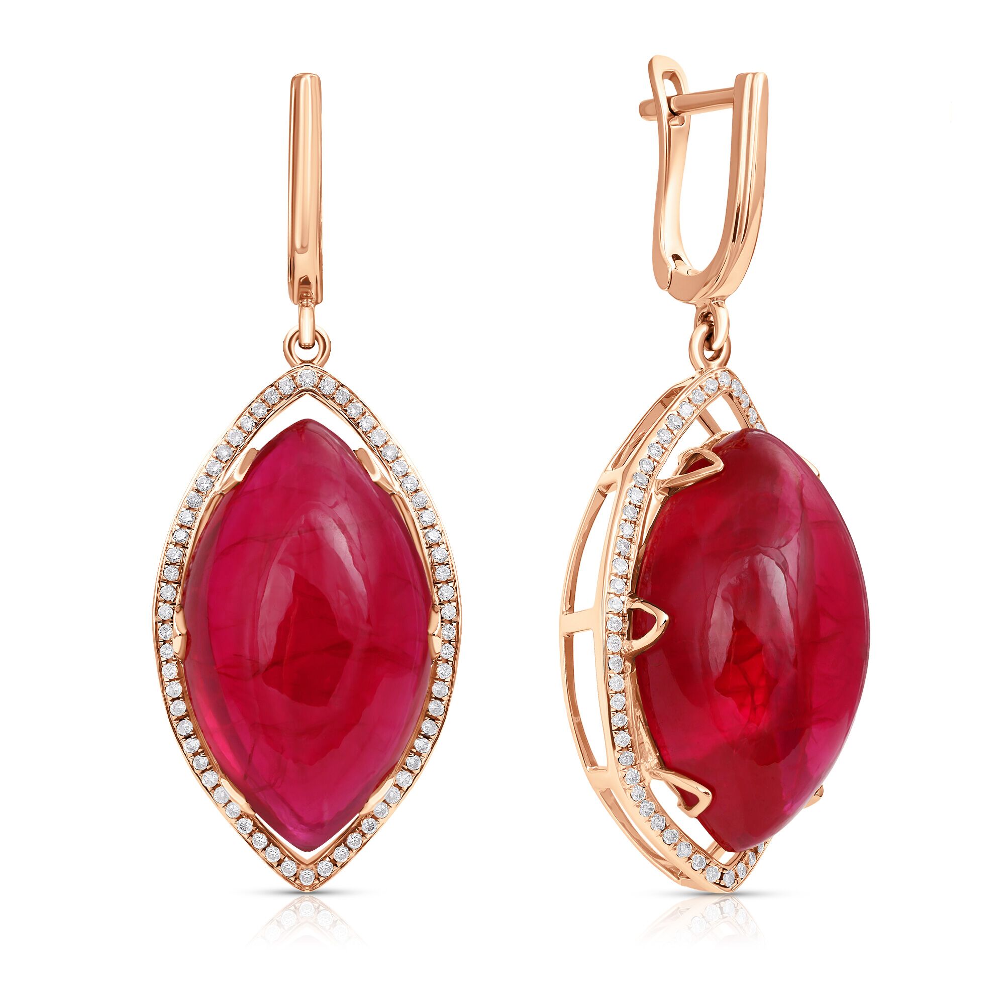 Серьги из розового золота 585 пробы с рубинами выращенными и бриллиантами