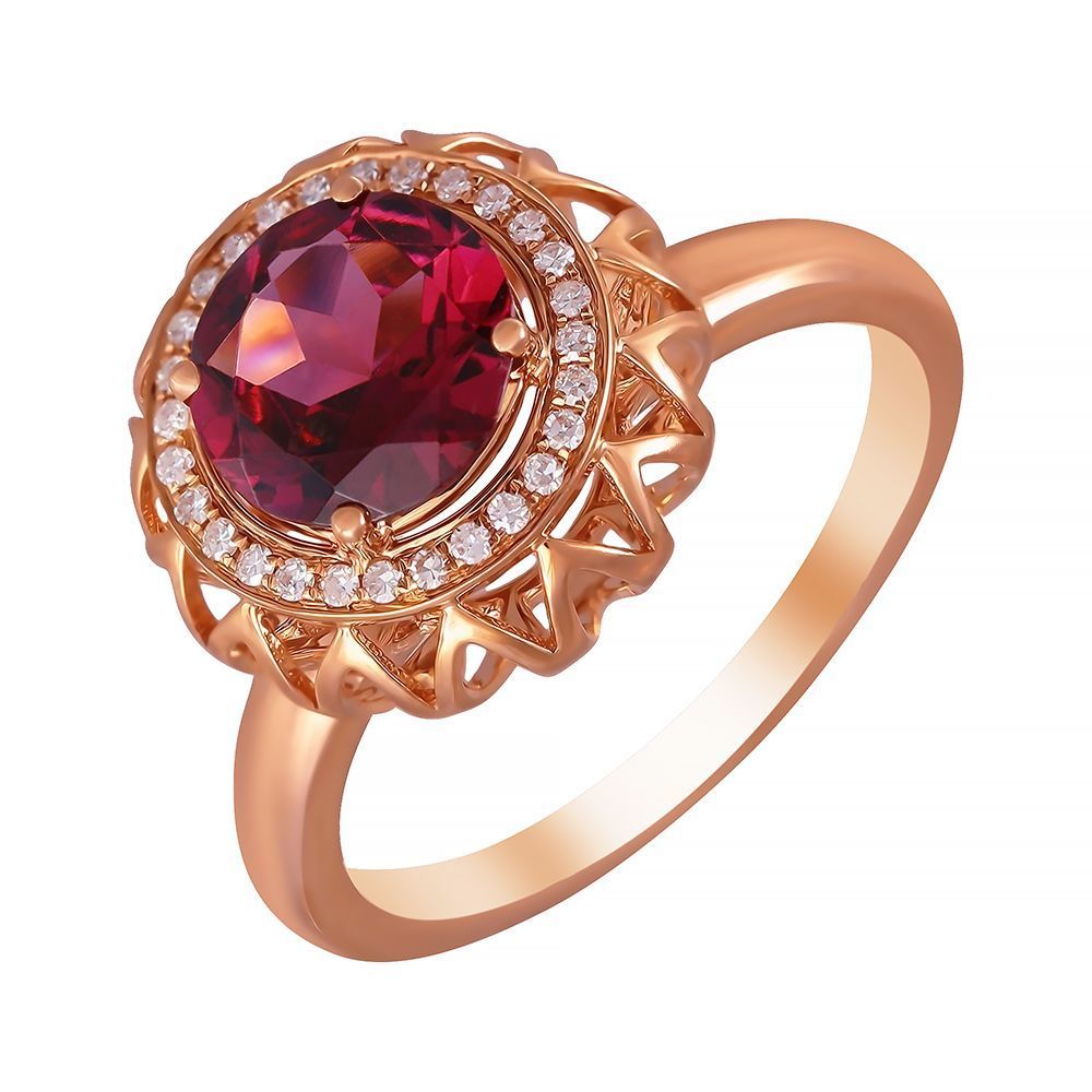 Кольцо из розового золота 585 пробы с родолитом и бриллиантами