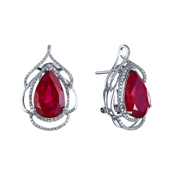 Серьги из белого золота 585 пробы с рубинами выращенными и бриллиантами