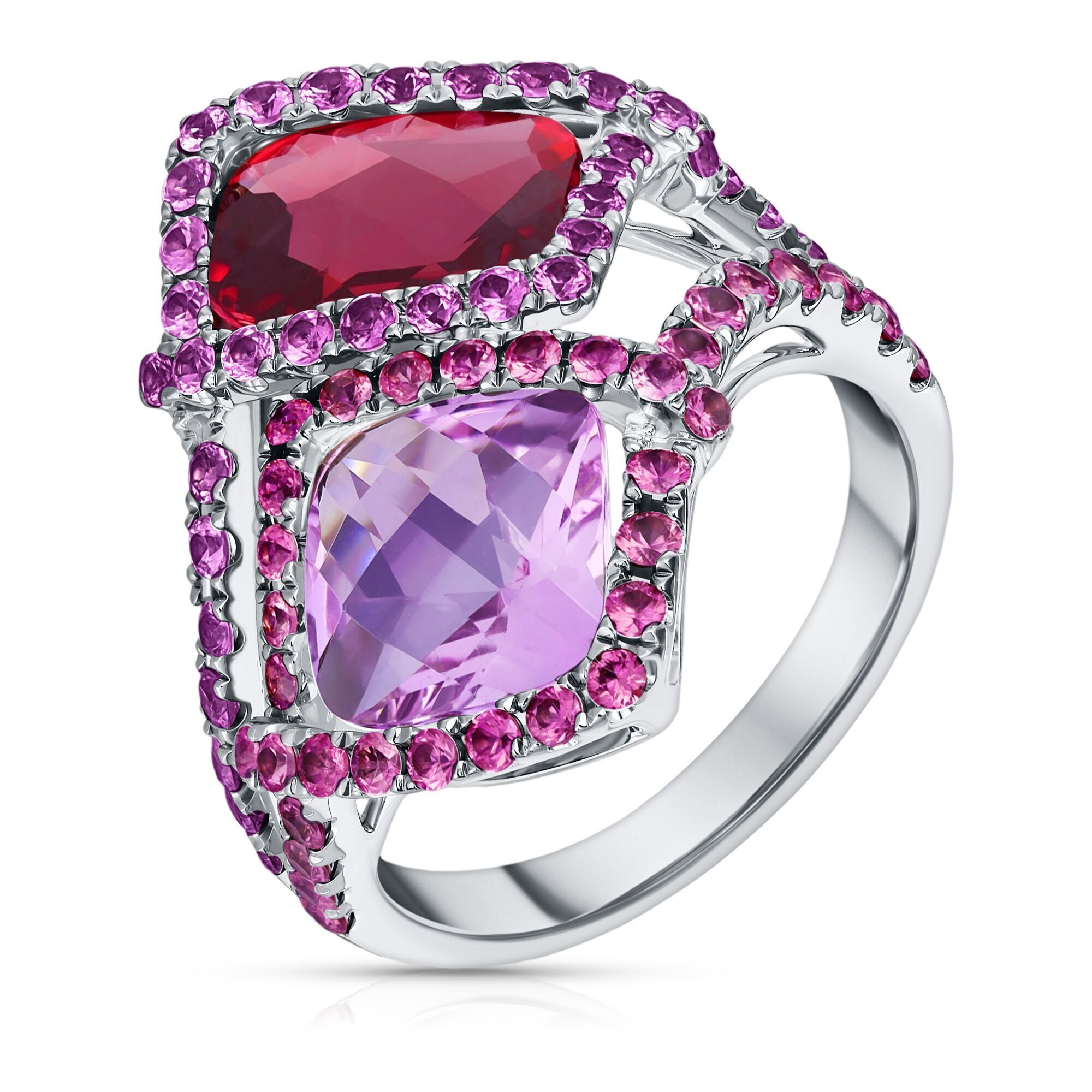 Кольцо из белого золота 585 пробы с аметистом, турмалином и сапфирами (16,5)