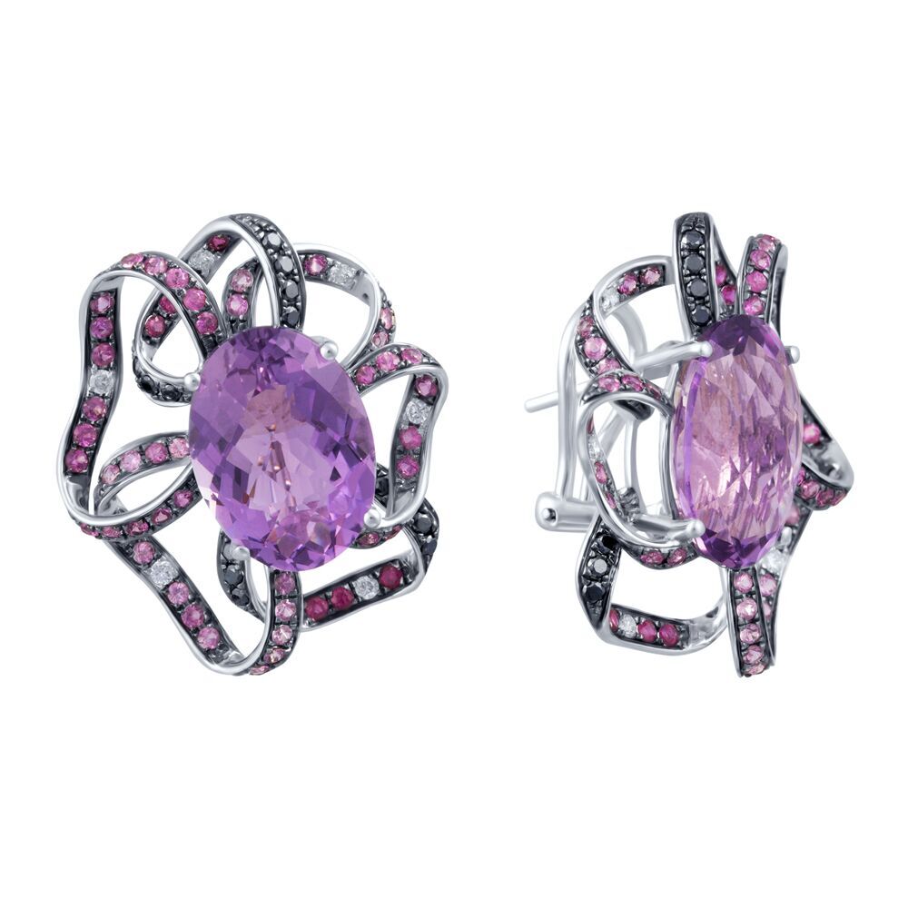Серьги из белого золота 585 пробы с аметистами, бриллиантами облагороженными и сапфирами