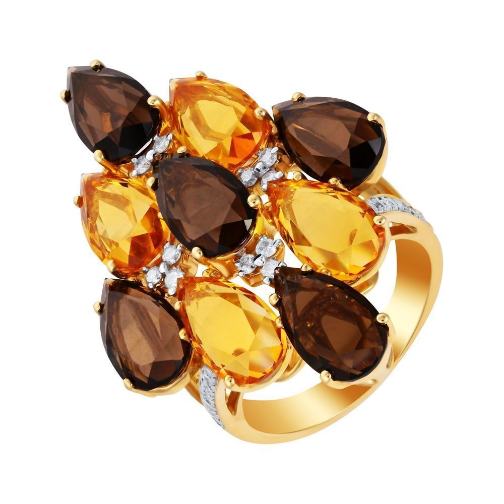 Кольцо из золота 585 пробы с бриллиантами, цитринами и раухтопазами (17,5)
