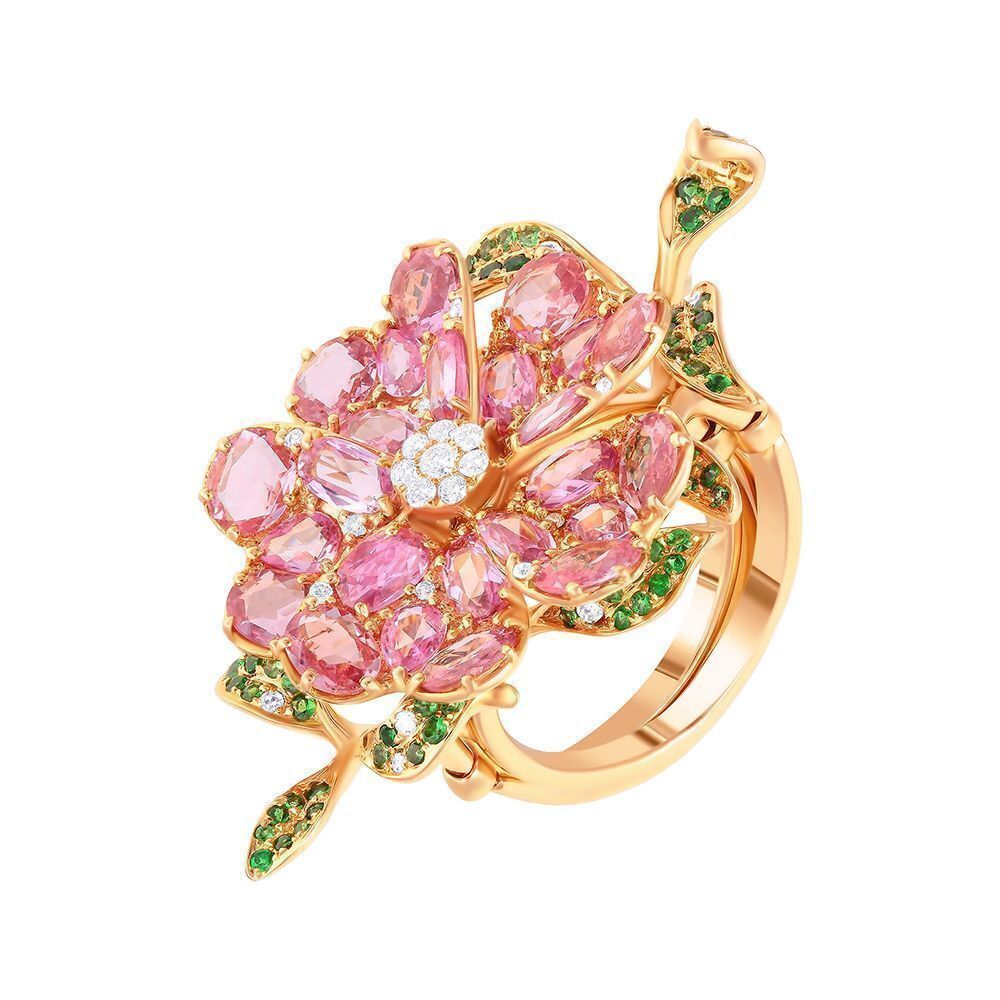 Кольцо из розового золота 750 пробы с бриллиантами, сапфирами и цаворитами (17,5)