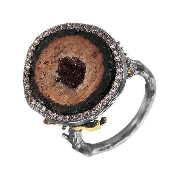 Кольцо из серебра 925 пробы с жеодами, перидотами и топазами (17,5)