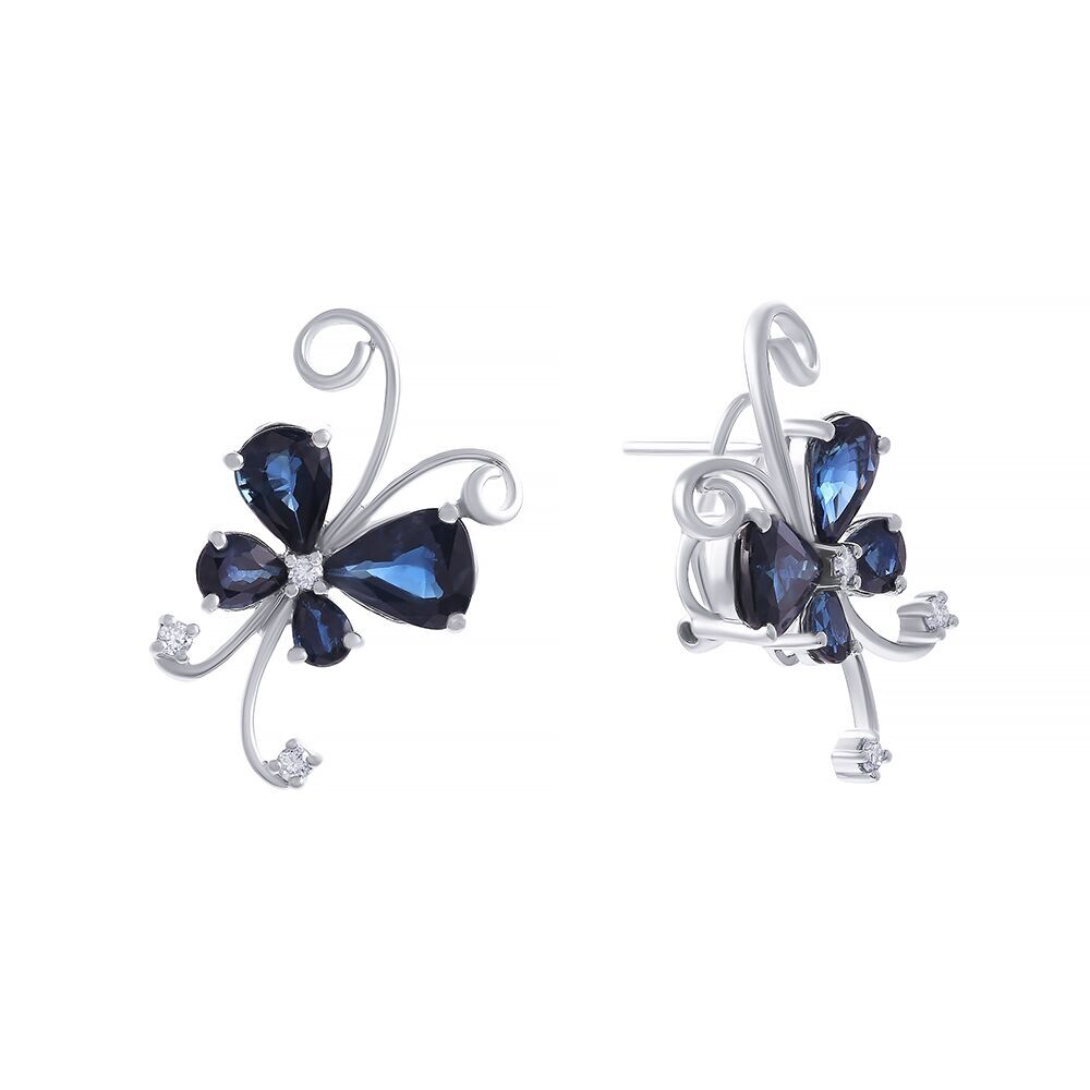 Серьги из белого золота 585 пробы с бриллиантами и сапфирами