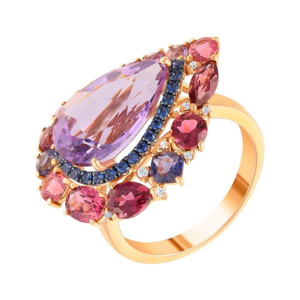 Кольцо из розового золота 585 пробы с цветными полудрагоценными камнями, бриллиантами и сапфирами (17,75)