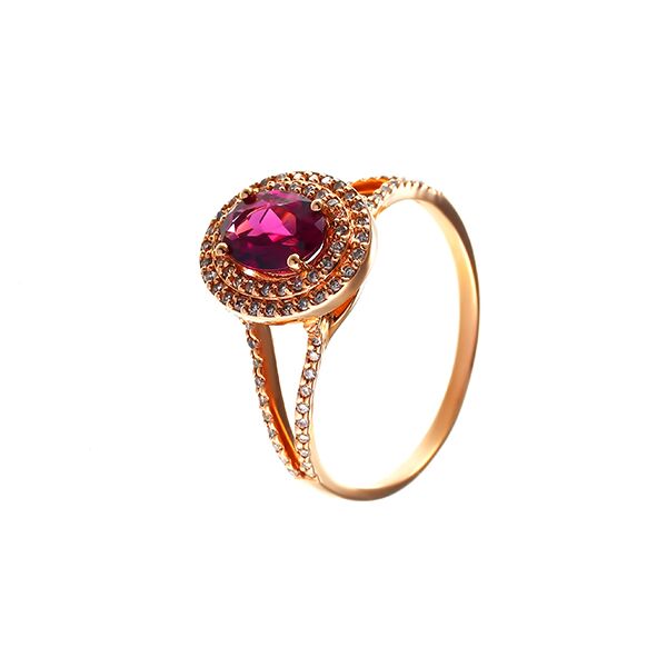 Кольцо из розового золота 585 пробы с родолитом и бриллиантами (17,25)