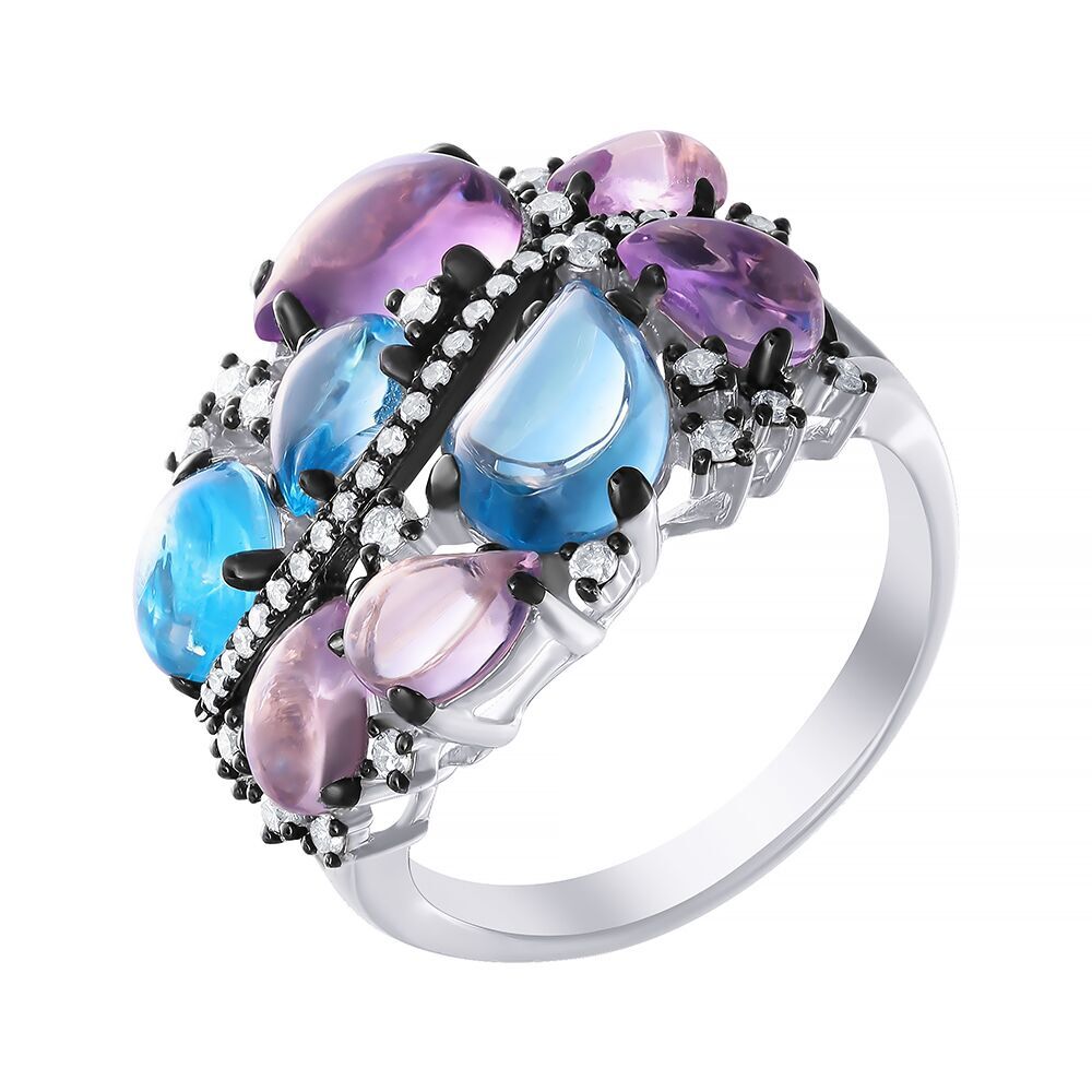 Кольцо из белого золота 585 пробы с цветными полудрагоценными камнями и бриллиантами (17,75)