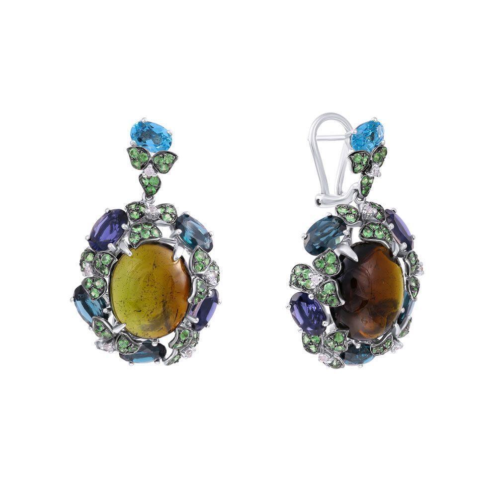 Серьги из белого золота 585 пробы с турмалинами, бриллиантами, цаворитами, иолитами и цветными полудрагоценными камнями