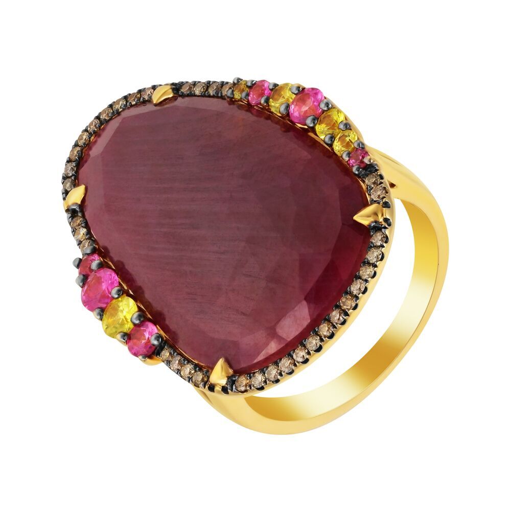 Кольцо из золота 585 пробы с корундом, бриллиантами и сапфирами (17,25)