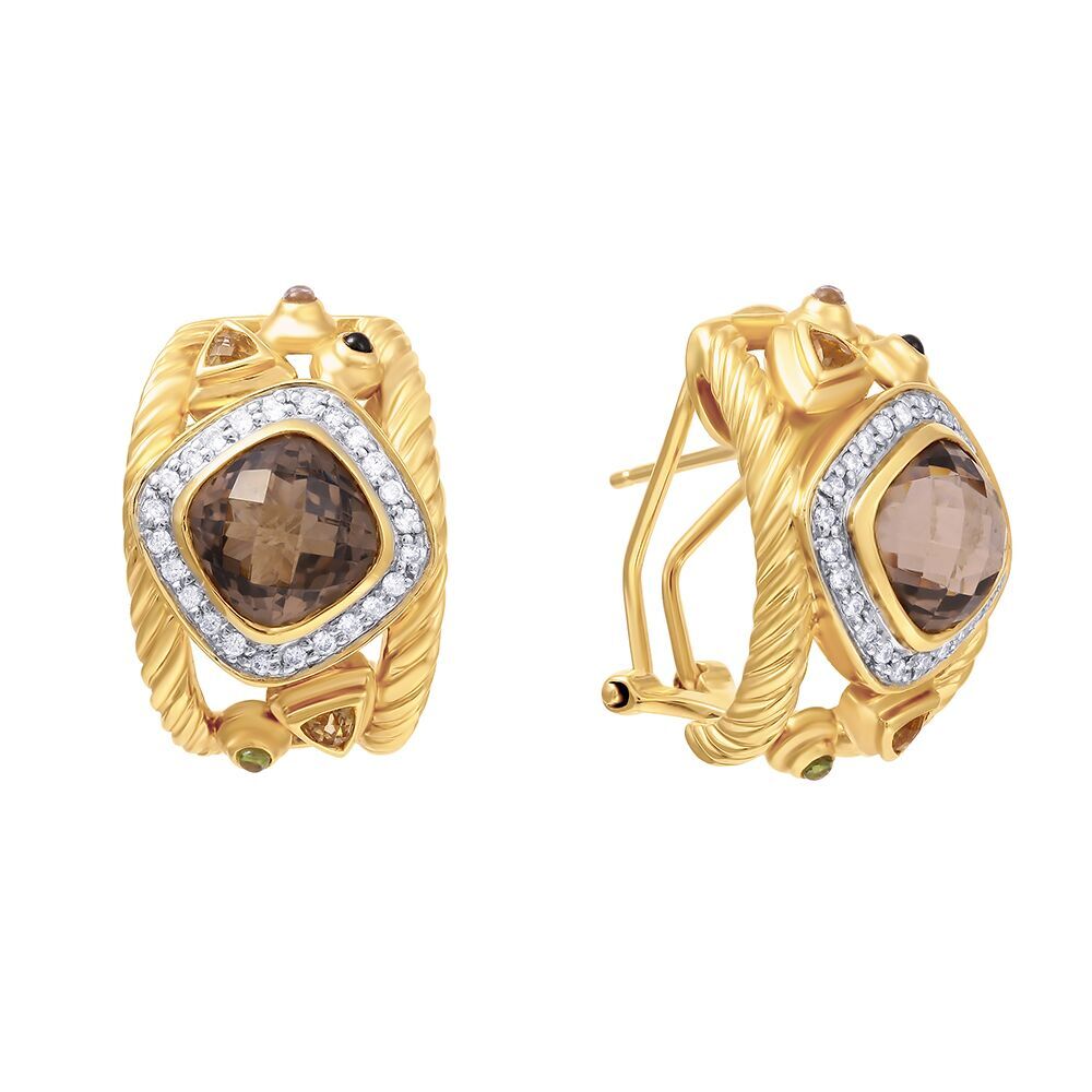 Серьги из золота 585 пробы с бриллиантами и цветными полудрагоценными камнями