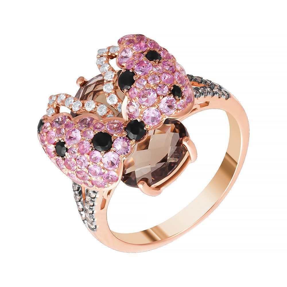 Кольцо из розового золота 585 пробы с бриллиантами, сапфирами и раухтопазами
