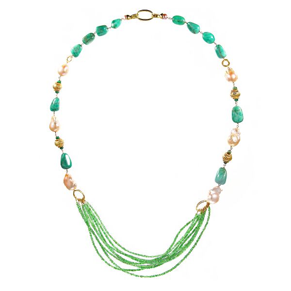 Колье из серебра 925 пробы с агатом, барочным жемчугом и цаворитами (80)