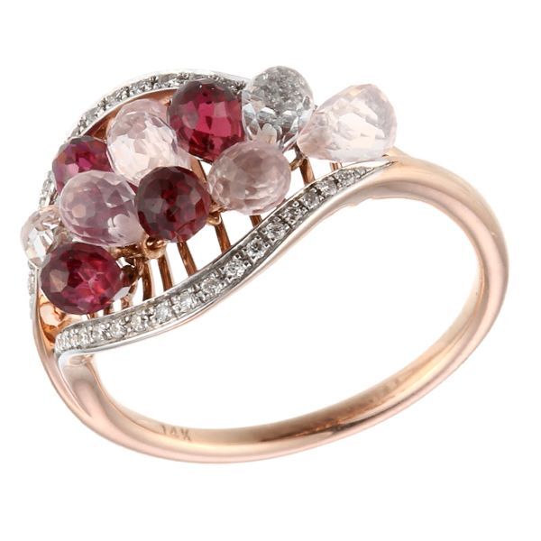Кольцо из розового золота 585 пробы с родолитами, бриллиантами, кварцем и топазами (16,5)