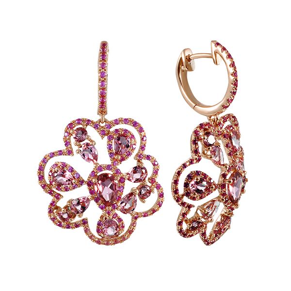 Серьги из розового золота 585 пробы с турмалинами и сапфирами