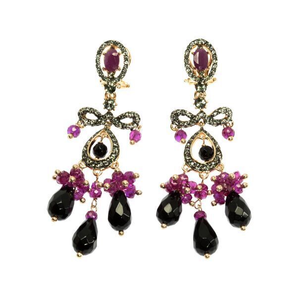 Серьги из серебра 925 пробы с ониксом, рубинами и фианитами