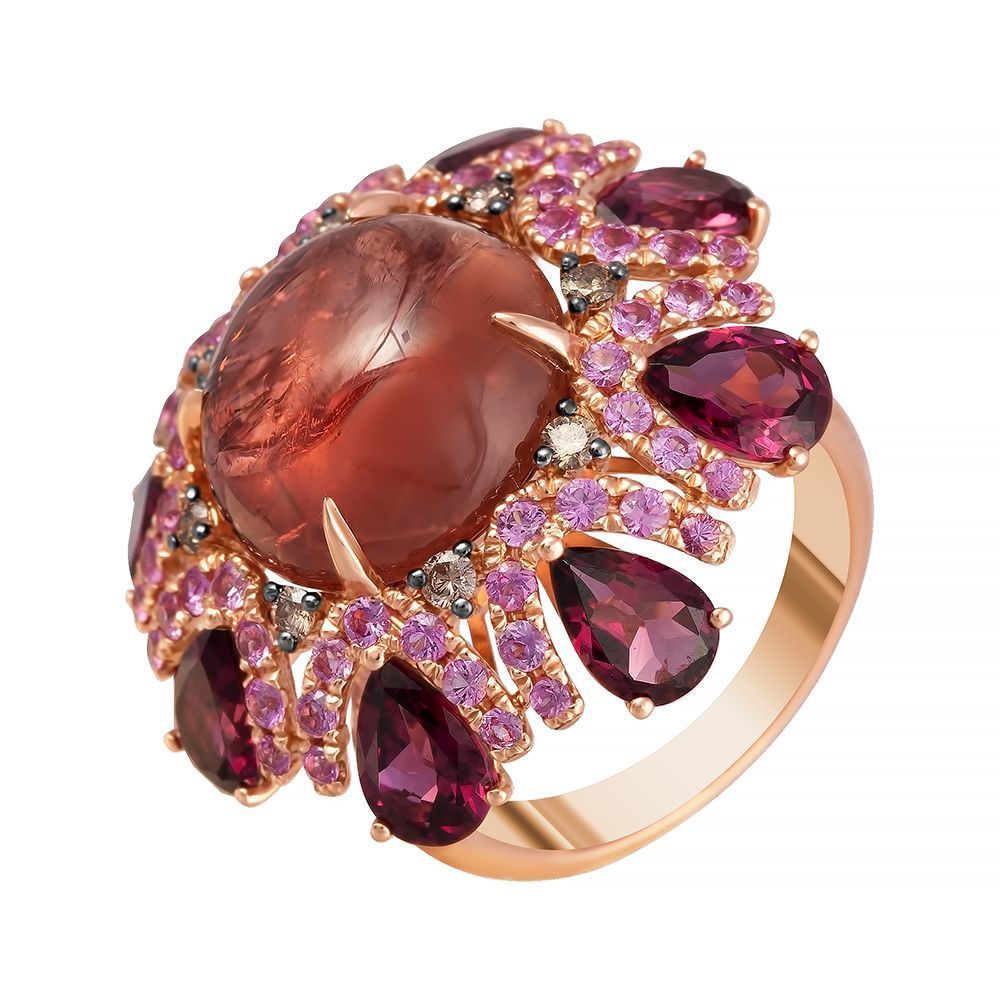 Кольцо из розового золота 585 пробы с турмалином, бриллиантами, сапфирами и родолитами
